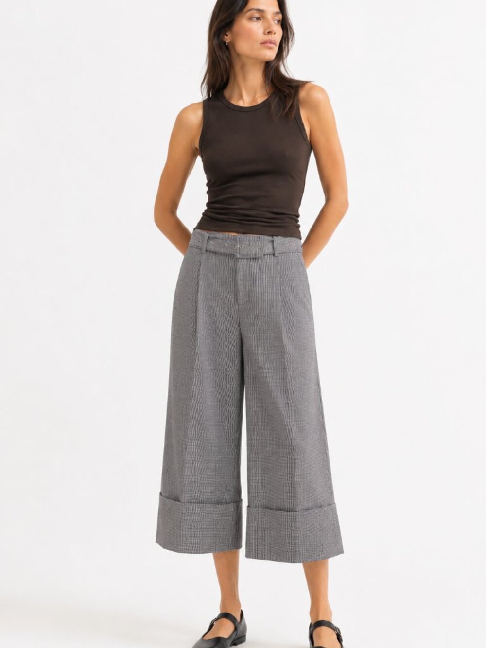 CURRENT AIR BLACK WHITE CHECKS WIDE CROPPED LEG BELTED PANTS - S
